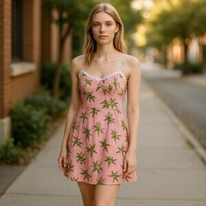 NEW Lacemade Pink Green Leaf Print Lined Lace Trim Sleeveless Mini Dress XS